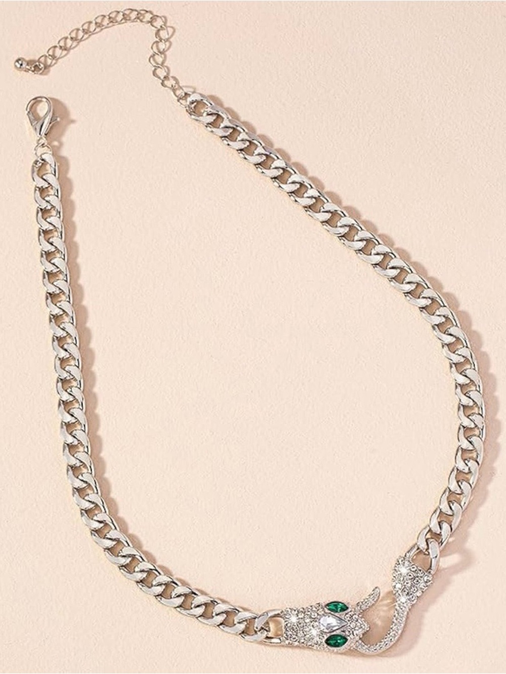 Silver-Tone Chain Snake/Serpent Necklace with Crystal Details and Green Eyes - Picture 2 of 6